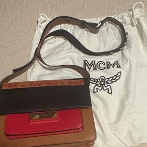 MCM Tri-Panel Leather Crossbody in Red, Brown & Black